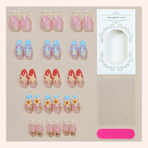 Ongles préfabriqués de haute qualité, très demandés pour l'été, motif dessin animé, French Press, forme amande, nail art 3D sculpté étoile de mer, avec colle - Product Image 2