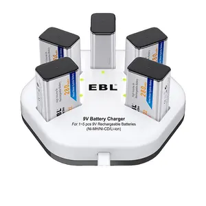EBL Nimh 충전식 리튬 이온 9V 600mAh 배터리 5 베이 배터리 충전기 연기 경보 감지기