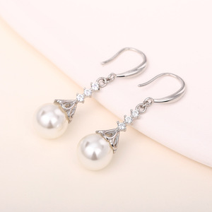 Elegant White Gold <b>Pearl</b> Drop <b>Earrings</b> With Round Brilliant Cut Diamonds For Wedding Women's 925 Silver Classic Style - Product Image 5