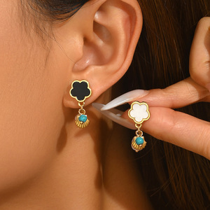 Geometric Five Leaf Clover Drop <b>Earrings</b> With Turquoise Inlay Stainless Steel Ear <b>Posts</b> Zinc Alloy Fashion Jewelry - Product Image 2