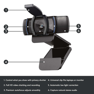 โลจิเทค ซี 920 เอชดี โปรเว็บแคม 1080p เลนส์กระจกออโต้โฟกัสไมค์สเตอริโอคู่ไรท์ไลท์ 2 สำหรับทีมซูมพีซี - Product Image 4