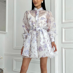 <span class=keywords><strong>Abito</strong></span> Estivo da Donna con Stampa Floreale, Maniche Lunghe in <span class=keywords><strong>Organza</strong></span> e Cintura, con Top Interno a Canotta - Product Image 1