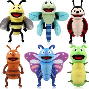 Conjunto de bonecos de mão para crianças com boca de trabalho, brinquedo de pelúcia de animais, borboleta, abelha, lagarta, para presentes de aniversário de teatro e show