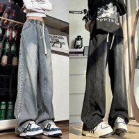 Nouveauté Hiver : Jean en Denim Doublé Polaire Coupe Courbée, Unisexe, Style Rétro Urbain, Ample, Grande Taille, Jambe Droite