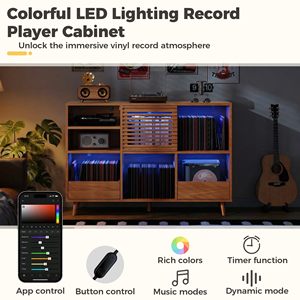 Support pour tourne-disque de style Mid-Century Modern, avec 2 tiroirs, grand support pour tourne-disque avec station de charge et éclairage LED - Product Image 5