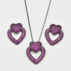 Venta al por mayor púrpura doble corazón collar pendiente fiesta conjunto de joyas - Product Image 1