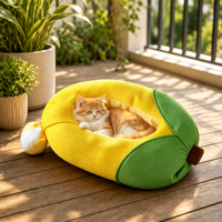 Nouveau lit pour animaux de compagnie en forme de maïs, en peluche écologique à thème de dessin animé, pour chats et chiens, lavable en machine, surface en maille respirante