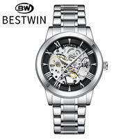 Montre-bracelet automatique squelette de luxe pour homme, boîtier rond, chiffres romains, cadran ajouré, acier inoxydable, étanche, montre de business