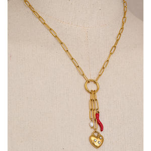 Collier pour femme JINYOU 1882, nouveautés, acier inoxydable, émail, piment rouge, zircon, cœur, perle, chaîne, pendentif - Product Image 5