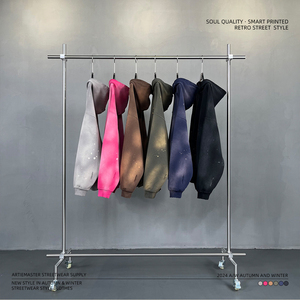 Vente en gros de sweats à capuche personnalisés 460g pour l'hiver, brodés, teinture par pulvérisation, effet éclaboussures d'encre, effet déchiré, style streetwear rétro, unisexe, surdimensionné - Product Image 2