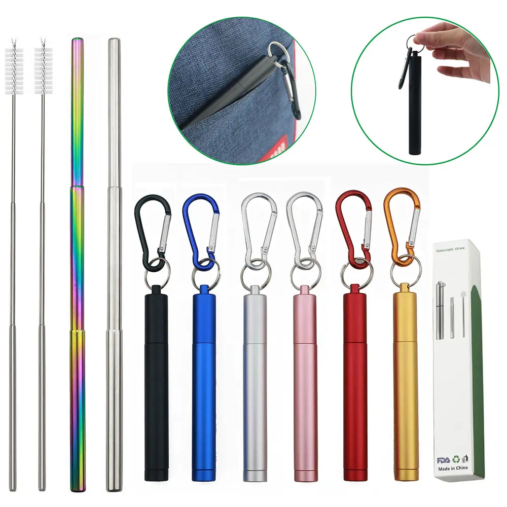 Portable Telescopic Drinking Straw Set 304 Stainless Steel Metal Straw Reusable Travel Collapsible Straw with Brush Carry Case