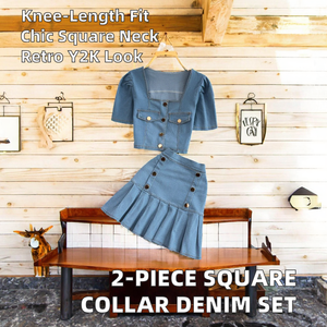 2-Piece Women's Summer Y2K <b>Square</b> Collar Top & Above Knee High Waist Regular Fit Solid Woven Denim <b>Set</b> - Product Image 2