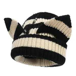 2024 New Little Devil Handmade Crocheted Wool Hat Striped Hat Devil's Ears Warm Beanie