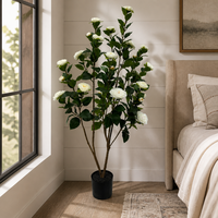 Arbre d'hortensia artificiel de 1,5 m, fleurs blanches en boules, plante artificielle en soie avec pot noir pour la décoration de mariages, fêtes, hôtels et boutiques