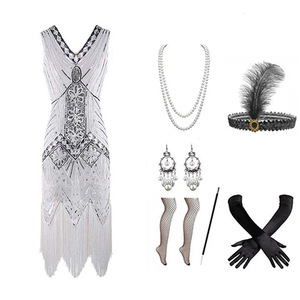 Robe Gatsby des années 1920, col en V, ornée de perles, de paillettes et de franges, taille empire, robe de soirée, style vintage, tailles S-4XL - Product Image 1