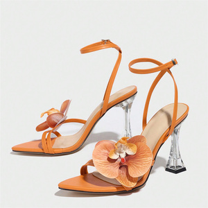 Sandalias Naranjas para Mujer con Tacones Esculpidos Transparentes, Diseño de Flor de Orquídea 3D, Punta Puntiaguda, Correa en el Tobillo, Zapatos de Vestir para Fiesta de Verano - Product Image 2