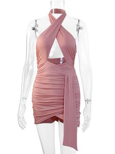 Femmes Sexy froncé moulante licou <span class=keywords><strong>Cirss</strong></span> croix découpée dos nu Mini Club robes de soirée - Product Image 6