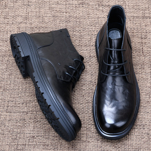 Bottes de travail mi-hautes en cuir souple de vachette pour hommes, doublées de velours, style affaires, tendance automne-hiver - Product Image 1