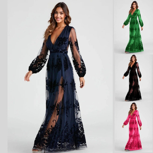 Vestido largo europeo y americano, moderno y sexy con abertura alta, elegante vestido de noche de manga larga para damas. - Product Image 1