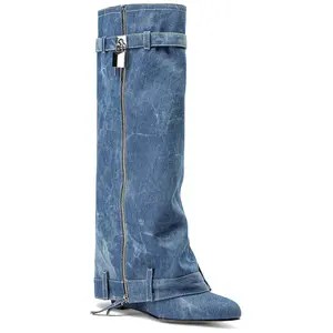 2023 Novo estilo elegante denim Joelho Botas de Alta Qualidade Shark Lock Wedge Heels Boots para mulheres e senhoras