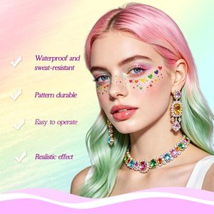 Parches de tatuajes temporales personalizables con purpurina multicolor arcoíris, impermeables, con brillo, para la cara, con diseño de corazón lindo - Product Image 3