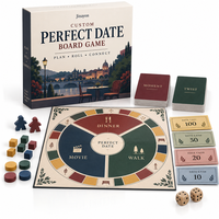 Jeu de planification de rendez-vous personnalisé PERFECT DATE pour deux joueurs avec des billets de DATE factices, des pièces en bois et un plateau en papier mat