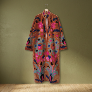 <b>Women</b> Hand <b>Embroidered</b> Suzani Velvet Coat Brown Floral Paisley Motif Long Duster <b>Jacket</b> Open Front Kimono Robe Boho Winter - Product Image 6