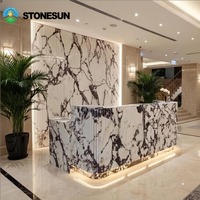 Bureau de réception StoneSun en marbre Calacatta Viola, style italien de luxe, avec éclairage LED et rangement, pour supermarchés et centres commerciaux