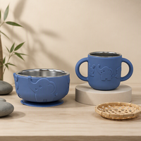 Ensemble d'alimentation pour bébé en acier inoxydable avec couvercle en silicone, bol antidérapant à ventouse, tasse à double poignée, vaisselle pour enfants en silicone sans BPA