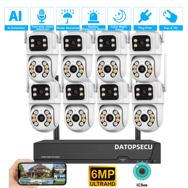8CH NVR Wireless 6MP Dual Lens CMOS Sensor Home Security Camera System Night Vision SD Card Cloud Storage Wi-Fi H.265 Pan-Tilt
