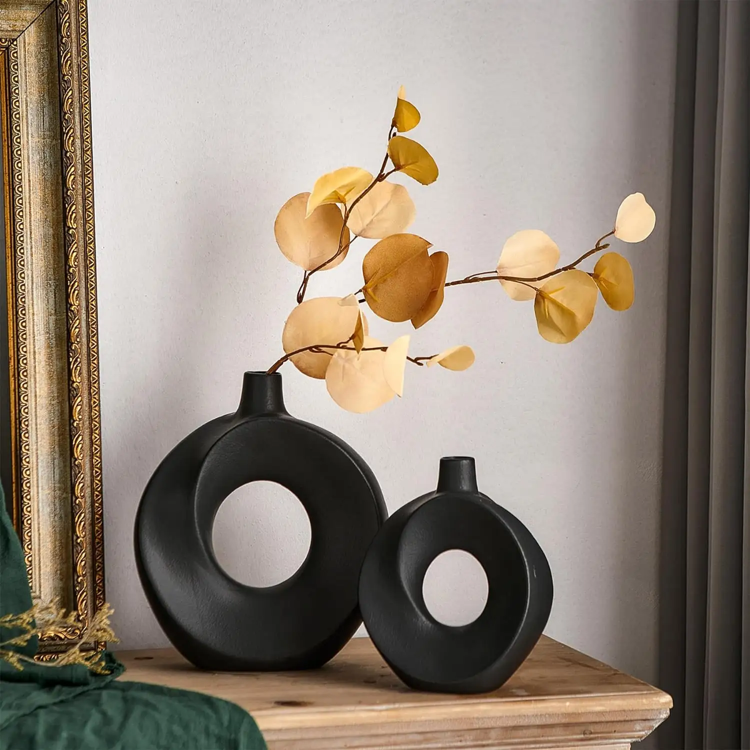 Schwarze Donut Vase Heimdekoration: 2-teiliges Keramik Rund S für Blumen ästhetisches Set minimalistisches Wohnzimmer Mantel-Regal Büroporträt