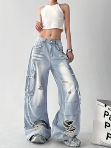 بنطال جينز عالي الخصر كاجوال بنمط واسع الساق جينز للركبة جيد التهوية ثقيل الوزن جينز غير مطاطي للنساء - Product Image 3