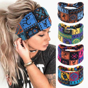 Nueva banda para el cabello con estampado bohemio de primavera y verano, venta al por mayor, pañuelo para la cabeza con extremo atado, diadema deportiva elástica de borde ancho - Product Image 3