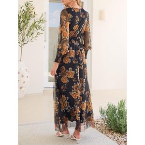 Robe longue florale pour femme, col en V, manches longues bouffantes, coupe trapèze, taille empire en tulle, élégante robe de cocktail - Product Image 6