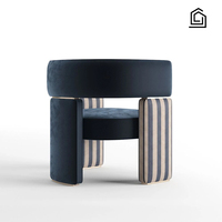 Fauteuil individuel en velours à rayures contrastées, style moderne de luxe léger, avec cadre de bras géométrique à blocs creux et garniture métallique, pour salon moderne