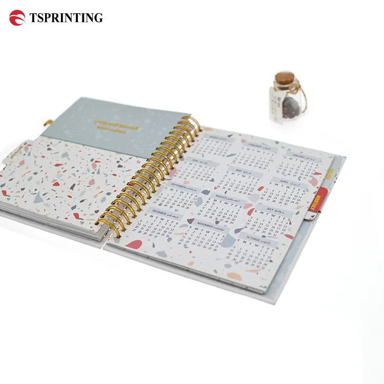 Jurnal notebook dan perencana dengan kalender buku harian Custom Hardcover Hot Stamping LOGO Spiral Binding Printing layanan
