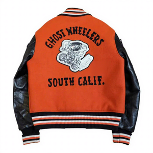 Unisex Black Varsity Jacket Leather Sleeves Embroidered <b>Patch</b> Designs Moto <b>Biker</b> Style Turn-down Collar Regular Fit Custom LOGO - Product Image 6