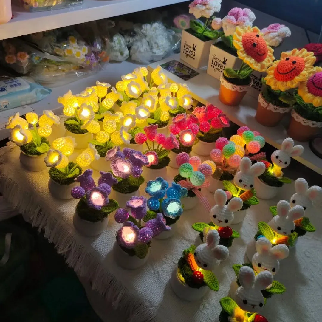 Lámpara Crochet Flores artificiales con luces nocturnas Flor de ganchillo hecha a mano HomCute F Cumpleaños Navidad San Valentín Día de la madre