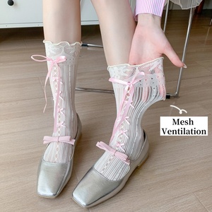 Calzini da donna in cotone traspirante Lolita alla moda al ginocchio graziosi fiocco nero bianco uso quotidiano <span class=keywords><strong>rete</strong></span> <span class=keywords><strong>a</strong></span> <span class=keywords><strong>rete</strong></span> sottile estate ragazza carina - Product Image 3