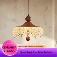 Lustre de restaurant vintage en fer de style français avec télécommande LED à intensité variable, lampe suspendue rétro en forme de goutte couleur noyer pour chevet