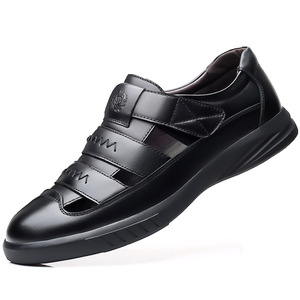 Men's Leather Hollow-Out <b>Sandals</b> Black Velcro Closure Breathable Summer <b>Closed</b> <b>Toe</b> Shoes For Dads - Product Image 5