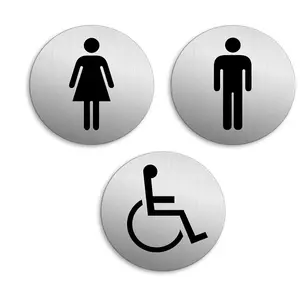 custom funny Ladies and men self adhesive round brushed metal aluminum restroom washroom WC toilet door sign