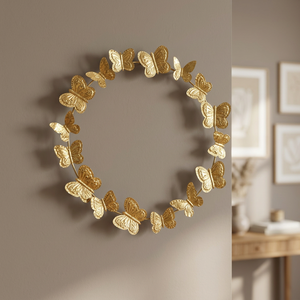 Corona de Mariposas Doradas, Corona Redonda de Metal Hecha a Mano con Flores Decorativas, Estilo Glamuroso, Sin Iluminación - Product Image 6