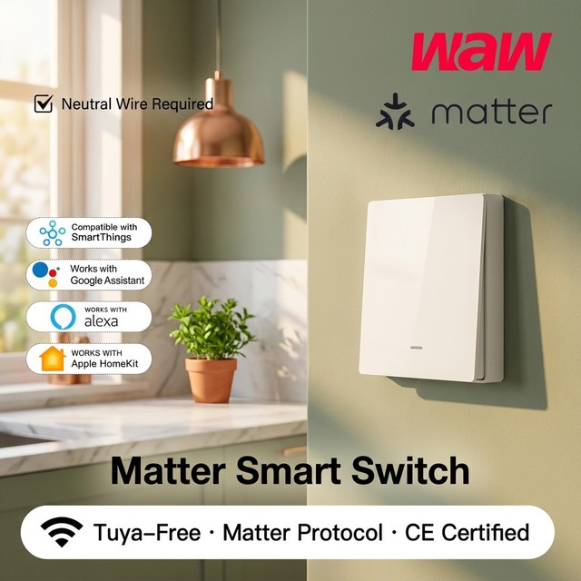 Matter Protocol WiFi Smart Light Switch 1/2/3 Gang App Voice Manual Control Neutral Wire EU UK Standard 10A AC90-250V CE