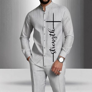 Ensemble chemise et <span class=keywords><strong>pantalon</strong></span> sur mesure pour homme, style décontracté de rue pour les fêtes, col montant, manches longues, imprimé numérique, pour sports de plein air - Product Image 4