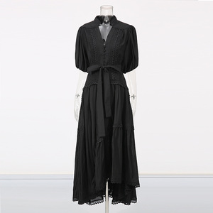 Abiti <span class=keywords><strong>lunghi</strong></span> semplici in tinta unita francese 2025 nuovo scollo a V con maniche a sbuffo in vita abito irregolare da donna - Product Image 4