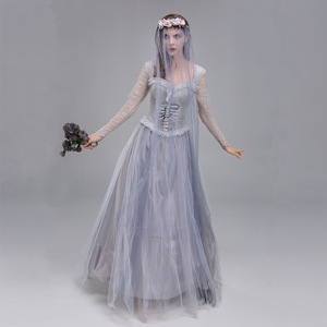 Robe de mariée fantôme pour femme, costume d'Halloween, jupe en tulle à manches longues avec voile et couronne de fleurs, déguisement fantaisie - Product Image 3
