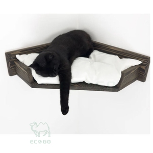 Cama de Esquina Moderna para Gatos, de Bambú Sólido, Montada en la Pared, con Cojín Suave para Descanso de Gatos en Interiores y Percha para Ventana - Product Image 1
