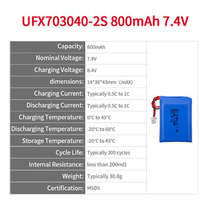 UFX703040-2S 800mAh <span class=keywords><strong>7.4V</strong></span> 중국 리튬 이온 셀 공장 전문 사용자 정의 - Product Image 2