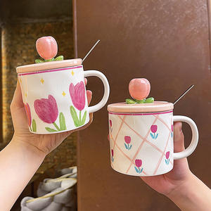 Zuo Mu Tulip Ceramic Mug With Lid And Spoon Reusable Couple Gift <b>Cup</b> For Summer 2022 - Product Image 2